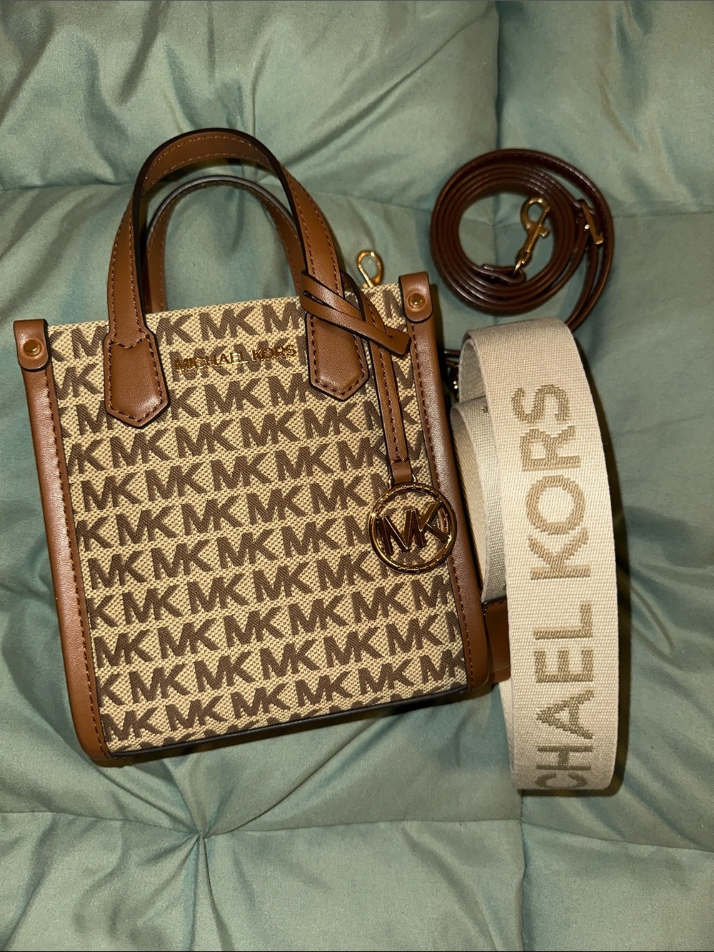 Michael Kors Brown and Beige MK Signature Small Tote with Detachable Strap